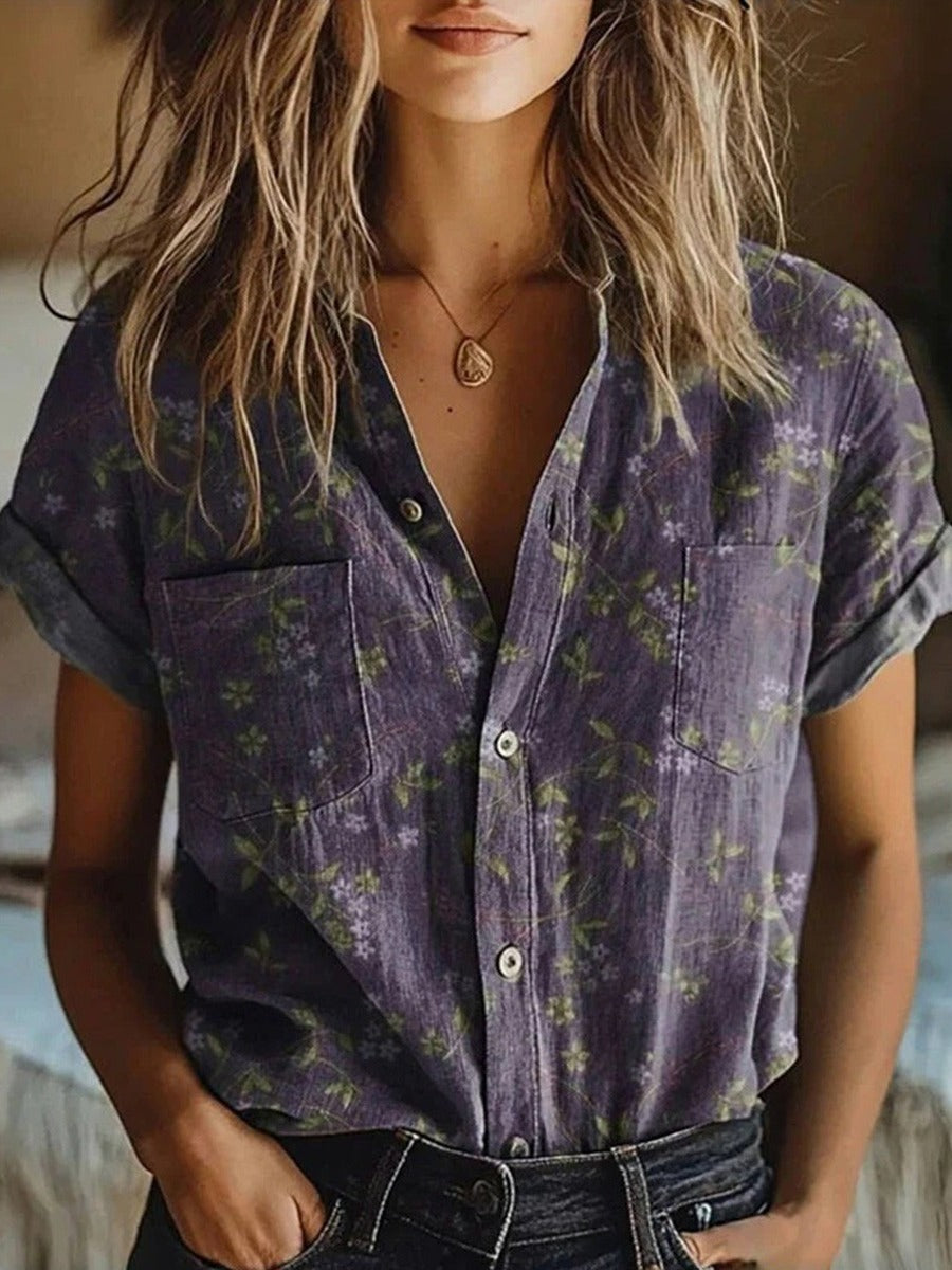 Blusa Vintage Floral de Mujer con Solapa de Manga Corta, Corte Relajado, Casual Semi-Formal – Morado