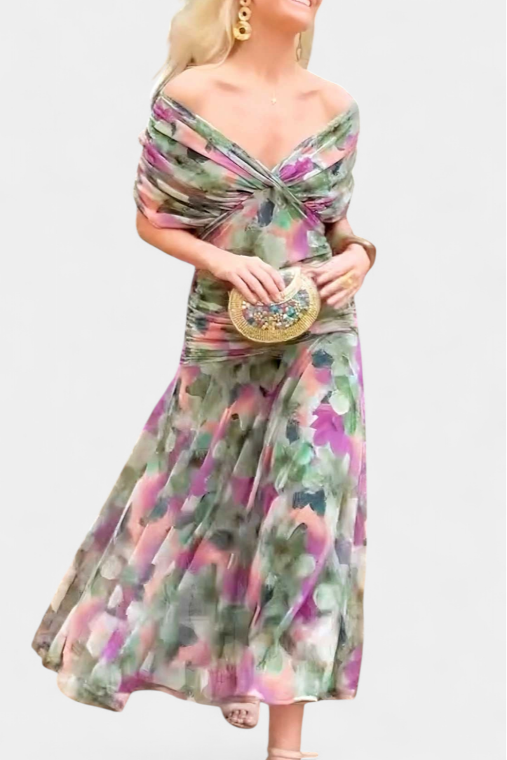 Vestido Midi Elegante de Mujer con Hombros Descubiertos, Cuerpo Drapado y Fruncido, Floral y Femenino – Lowenna