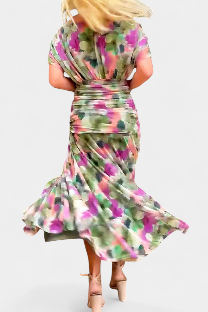 Vestido Midi Elegante de Mujer con Hombros Descubiertos, Cuerpo Drapado y Fruncido, Floral y Femenino – Lowenna