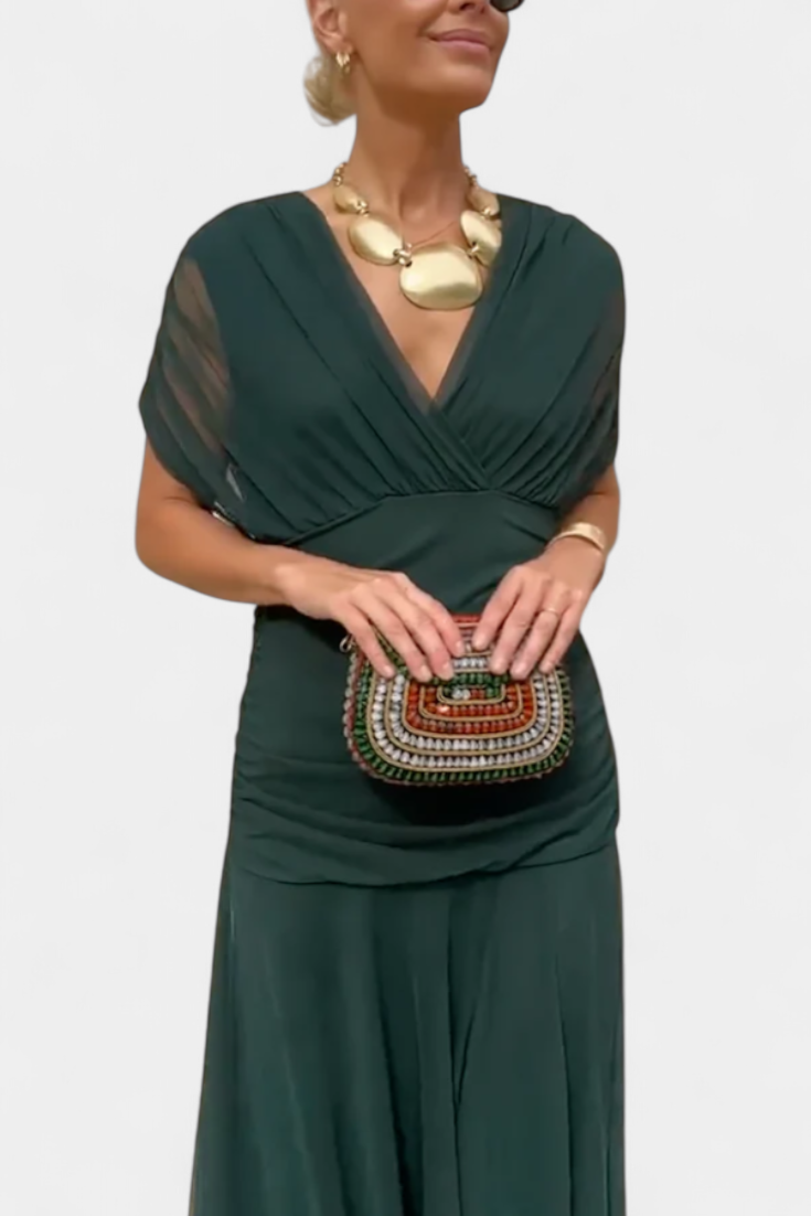Vestido Midi Elegante de Mujer con Hombros Descubiertos, Cuerpo Drapado y Fruncido, Floral y Femenino – Lowenna