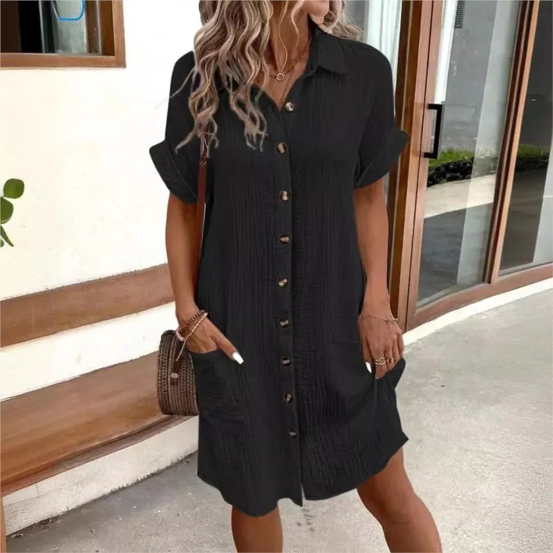 Vestido de Camisa de Verano para Mujer con Cuello, Botones, Manga Corta, Bolsillos, Casual, Look de Lino, Fácil Cuidado – Carlijn