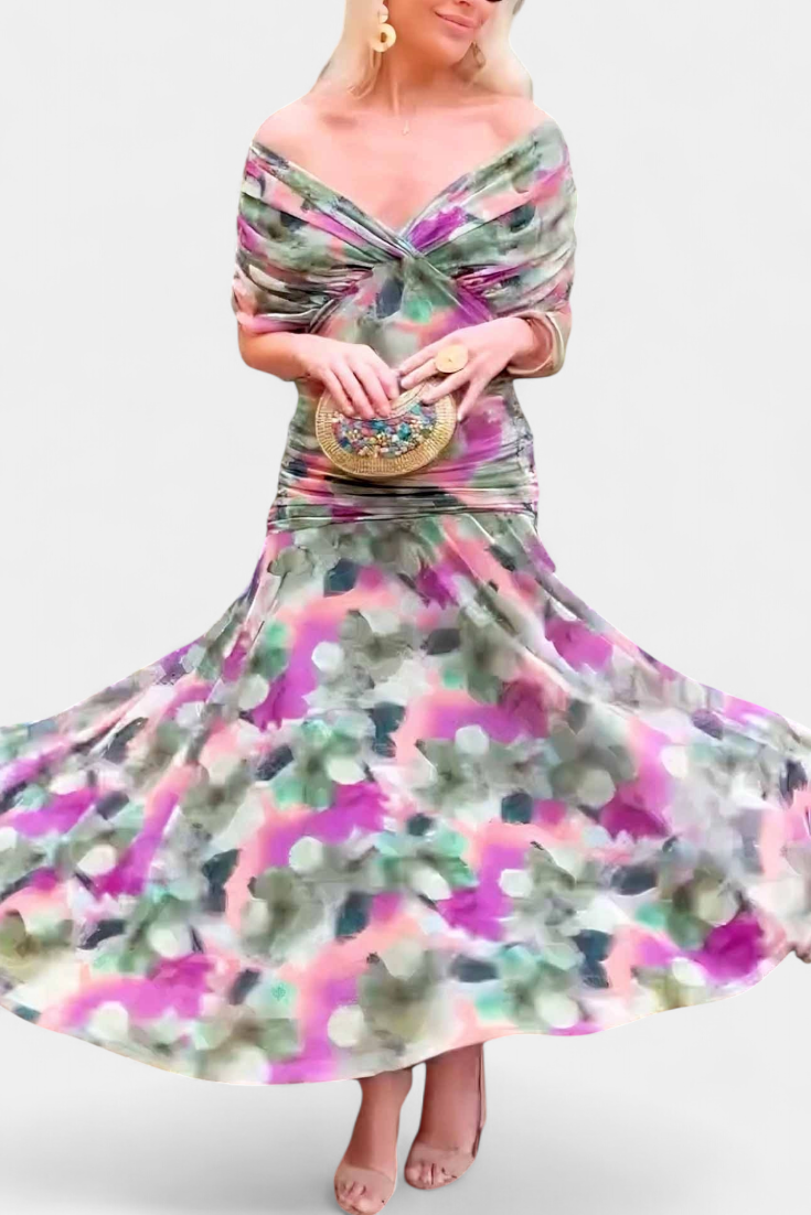 Vestido Midi Elegante de Mujer con Hombros Descubiertos, Cuerpo Drapado y Fruncido, Floral y Femenino – Lowenna