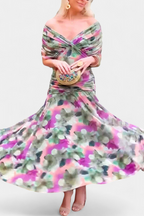 Vestido Midi Elegante de Mujer con Hombros Descubiertos, Cuerpo Drapado y Fruncido, Floral y Femenino – Lowenna