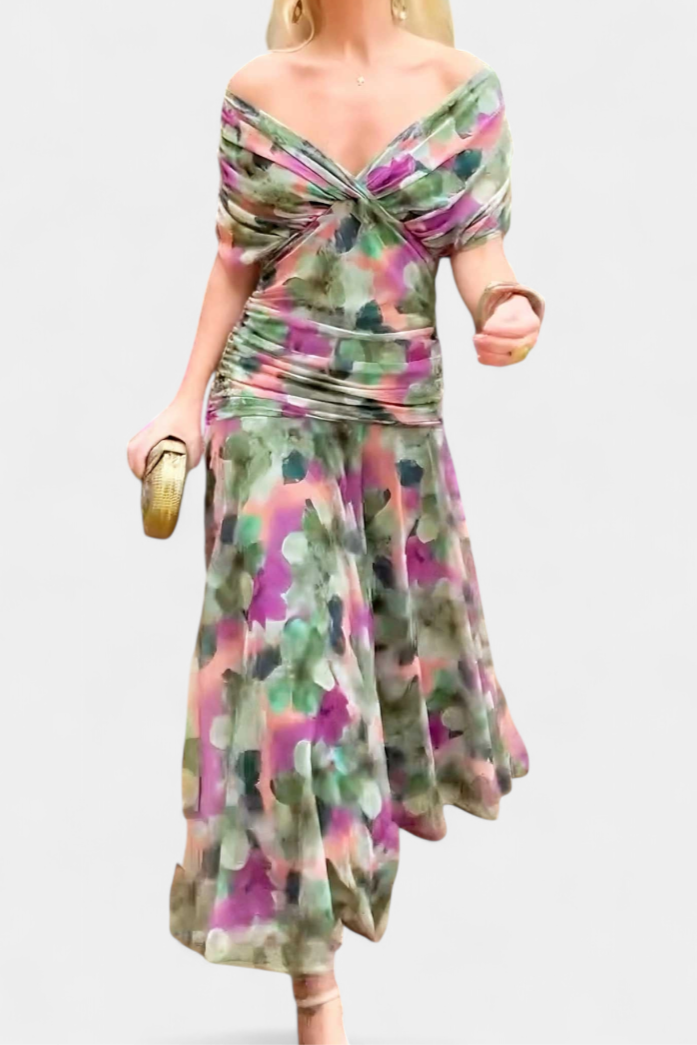 Vestido Midi Elegante de Mujer con Hombros Descubiertos, Cuerpo Drapado y Fruncido, Floral y Femenino – Lowenna