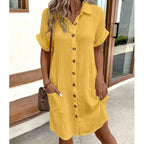 Vestido de Camisa de Verano para Mujer con Cuello, Botones, Manga Corta, Bolsillos, Casual, Look de Lino, Fácil Cuidado – Carlijn