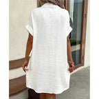 Vestido de Camisa de Verano para Mujer con Cuello, Botones, Manga Corta, Bolsillos, Casual, Look de Lino, Fácil Cuidado – Carlijn