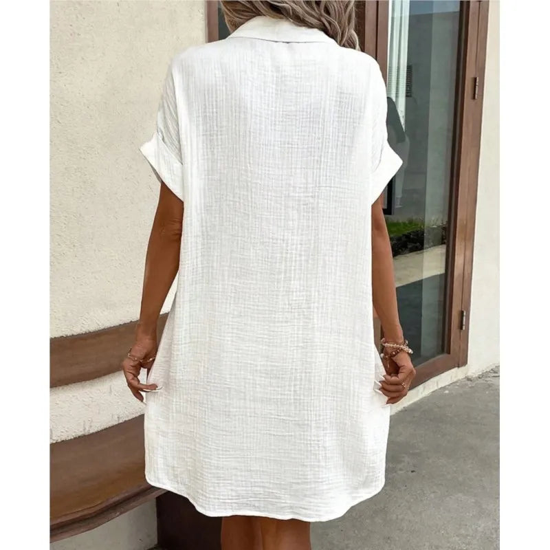Vestido de Camisa de Verano para Mujer con Cuello, Botones, Manga Corta, Bolsillos, Casual, Look de Lino, Fácil Cuidado – Carlijn