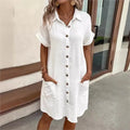 Vestido de Camisa de Verano para Mujer con Cuello, Botones, Manga Corta, Bolsillos, Casual, Look de Lino, Fácil Cuidado – Carlijn