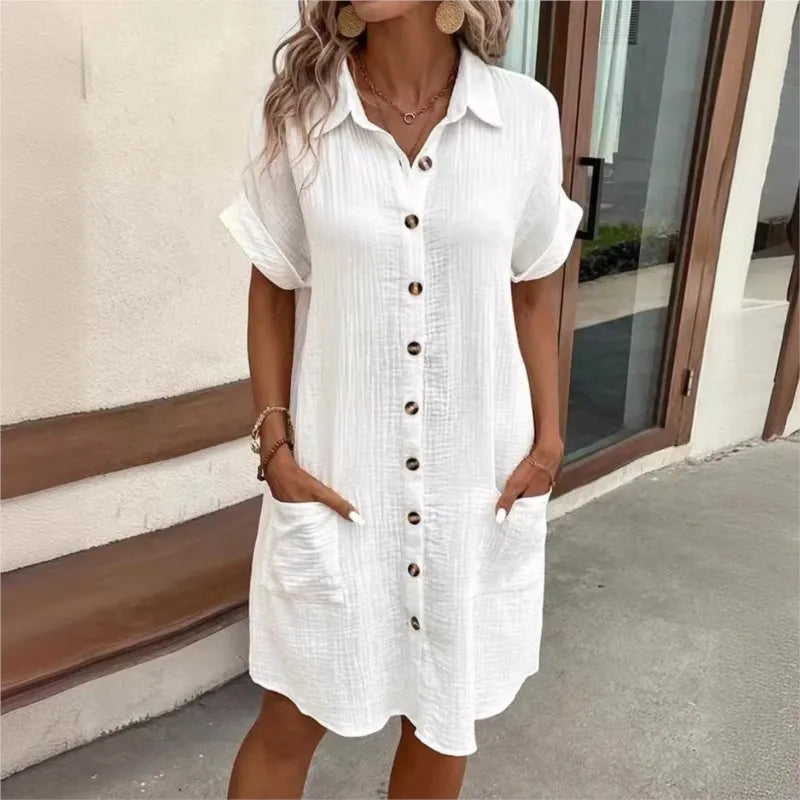 Vestido de Camisa de Verano para Mujer con Cuello, Botones, Manga Corta, Bolsillos, Casual, Look de Lino, Fácil Cuidado – Carlijn