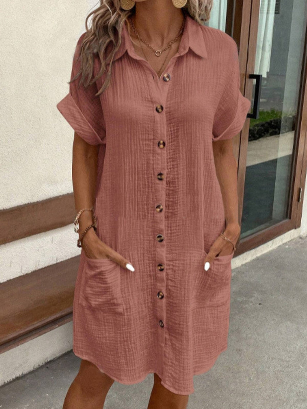 Vestido de Camisa de Verano para Mujer con Cuello, Botones, Manga Corta, Bolsillos, Casual, Look de Lino, Fácil Cuidado – Carlijn