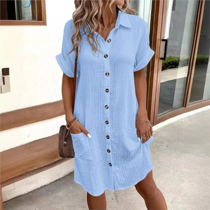 Vestido de Camisa de Verano para Mujer con Cuello, Botones, Manga Corta, Bolsillos, Casual, Look de Lino, Fácil Cuidado – Carlijn