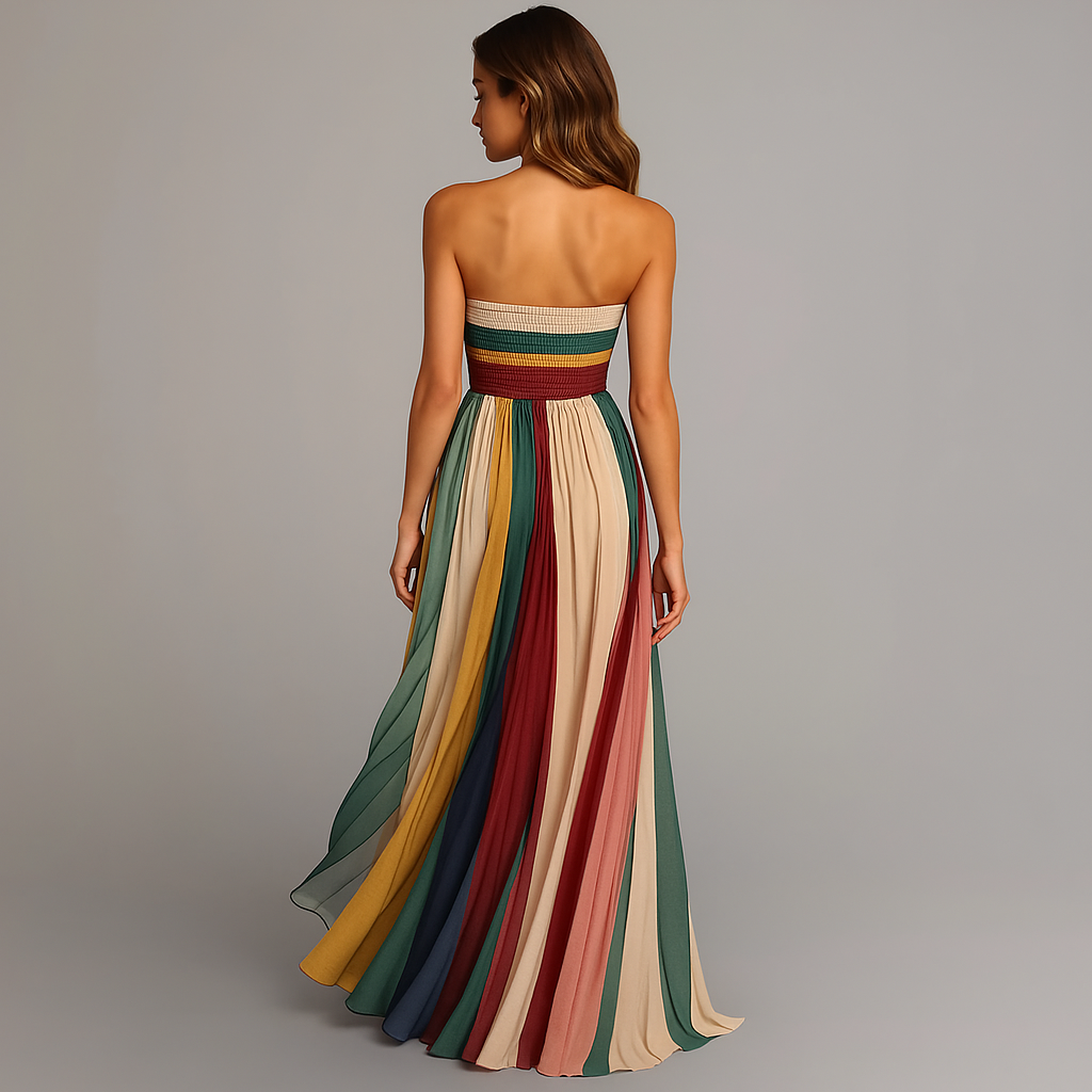 Vestido Largo Plisado para Mujer a Rayas en Tonos Joyas Sin Mangas Formal para Invitadas de Boda Fiesta de Verano – Judith