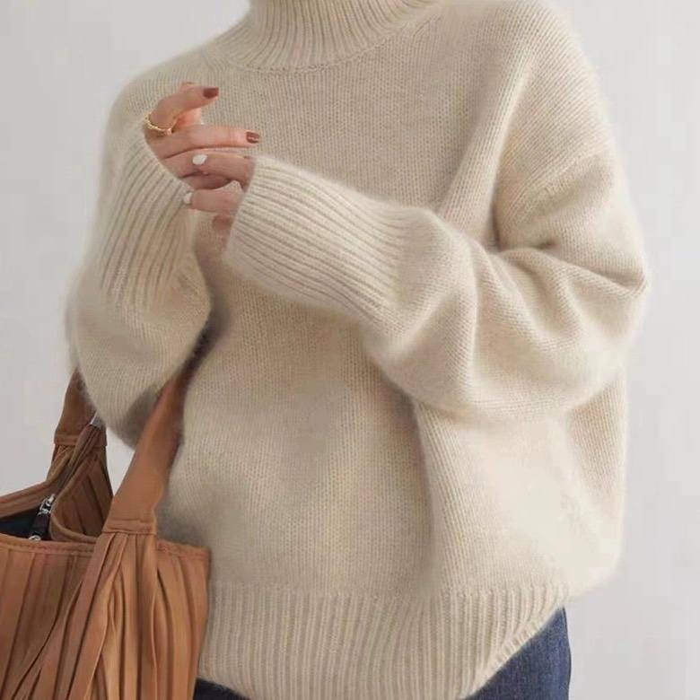 Suéter de Cachemira para Mujer con Cuello Alto Suave y Acogedor, Corte Relajado, Cálido, Casual, Elegante, Invierno – Beige