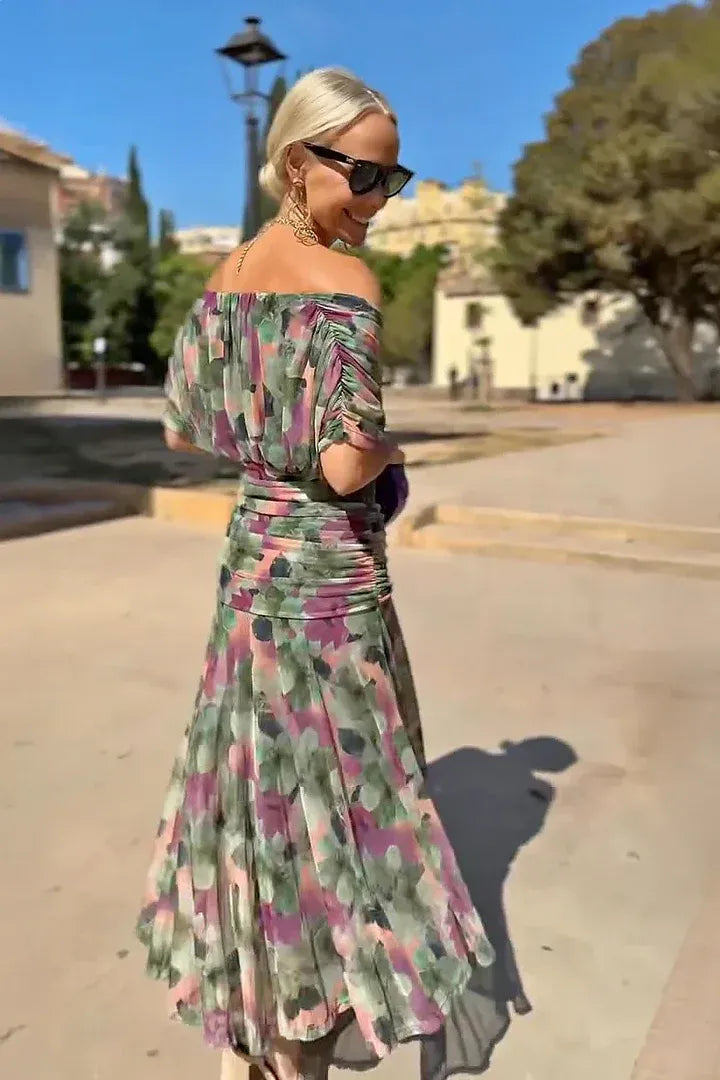 Vestido Largo Floral Fluido para Mujer Off-Shoulder V-Cuello Formal Elegante para Invitadas de Boda Casual – Lilly