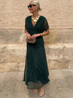 Vestido Largo Floral Fluido para Mujer Off-Shoulder V-Cuello Formal Elegante para Invitadas de Boda Casual – Lilly
