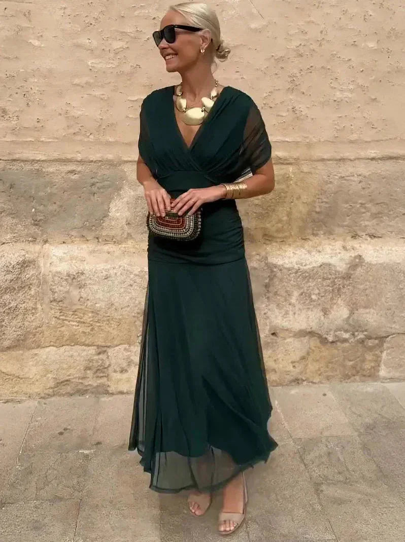 Vestido Largo Floral Fluido para Mujer Off-Shoulder V-Cuello Formal Elegante para Invitadas de Boda Casual – Lilly