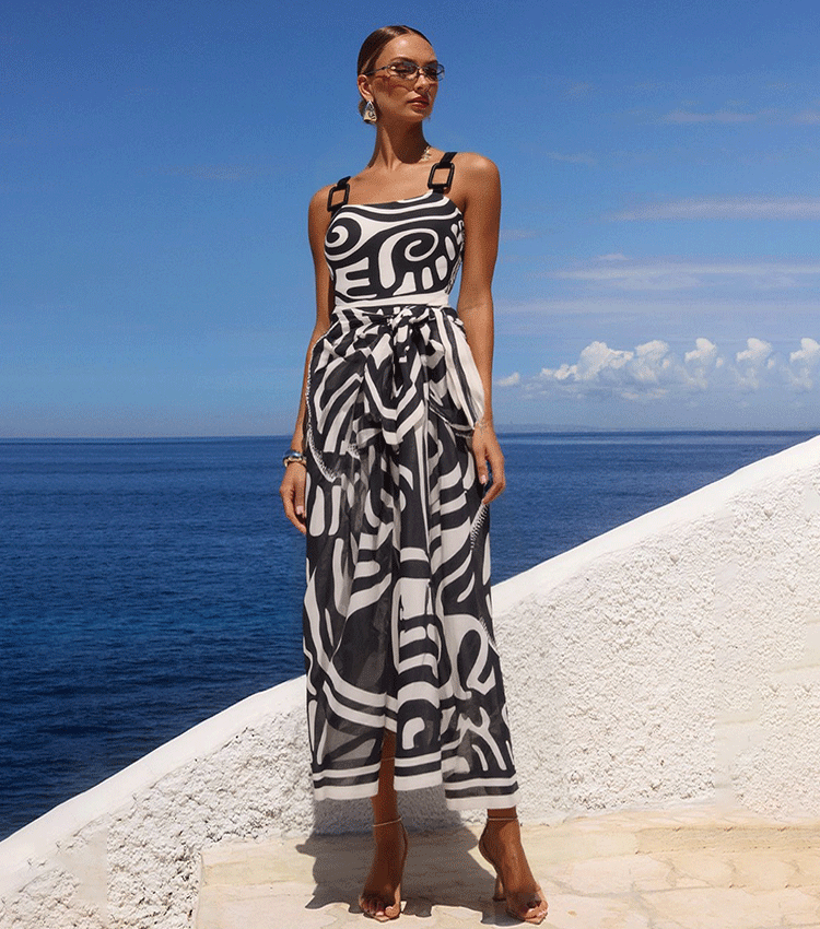 Conjunto de Traje de Baño de Una Pieza con Estampado Tribal para Mujeres y Falda Larga con Tirantes Ajustables para Vacaciones en la Playa, Fiesta en la Piscina, Verano en el Resort – Negro y Blanco