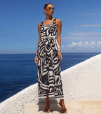 Conjunto de Traje de Baño de Una Pieza con Estampado Tribal para Mujeres y Falda Larga con Tirantes Ajustables para Vacaciones en la Playa, Fiesta en la Piscina, Verano en el Resort – Negro y Blanco