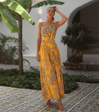 Conjunto de Traje de Baño de Una Sola Manga con Estampado Floral y Falda Larga para Vacaciones en la Playa, Fiesta en la Piscina, Resort Tropical Verano – Amarillo