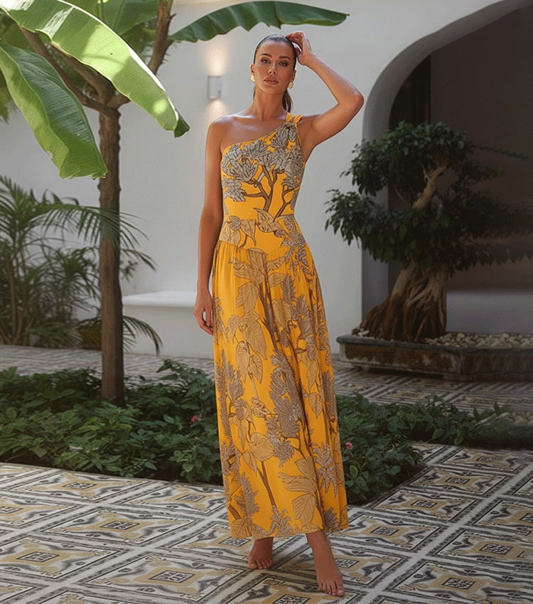 Conjunto de Traje de Baño de Una Sola Manga con Estampado Floral y Falda Larga para Vacaciones en la Playa, Fiesta en la Piscina, Resort Tropical Verano – Amarillo