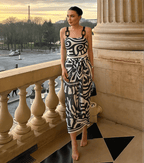Conjunto de Traje de Baño de Una Pieza con Estampado Tribal para Mujeres y Falda Larga con Tirantes Ajustables para Vacaciones en la Playa, Fiesta en la Piscina, Verano en el Resort – Negro y Blanco