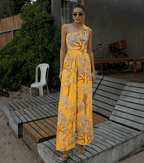 Conjunto de Traje de Baño de Una Sola Manga con Estampado Floral y Falda Larga para Vacaciones en la Playa, Fiesta en la Piscina, Resort Tropical Verano – Amarillo