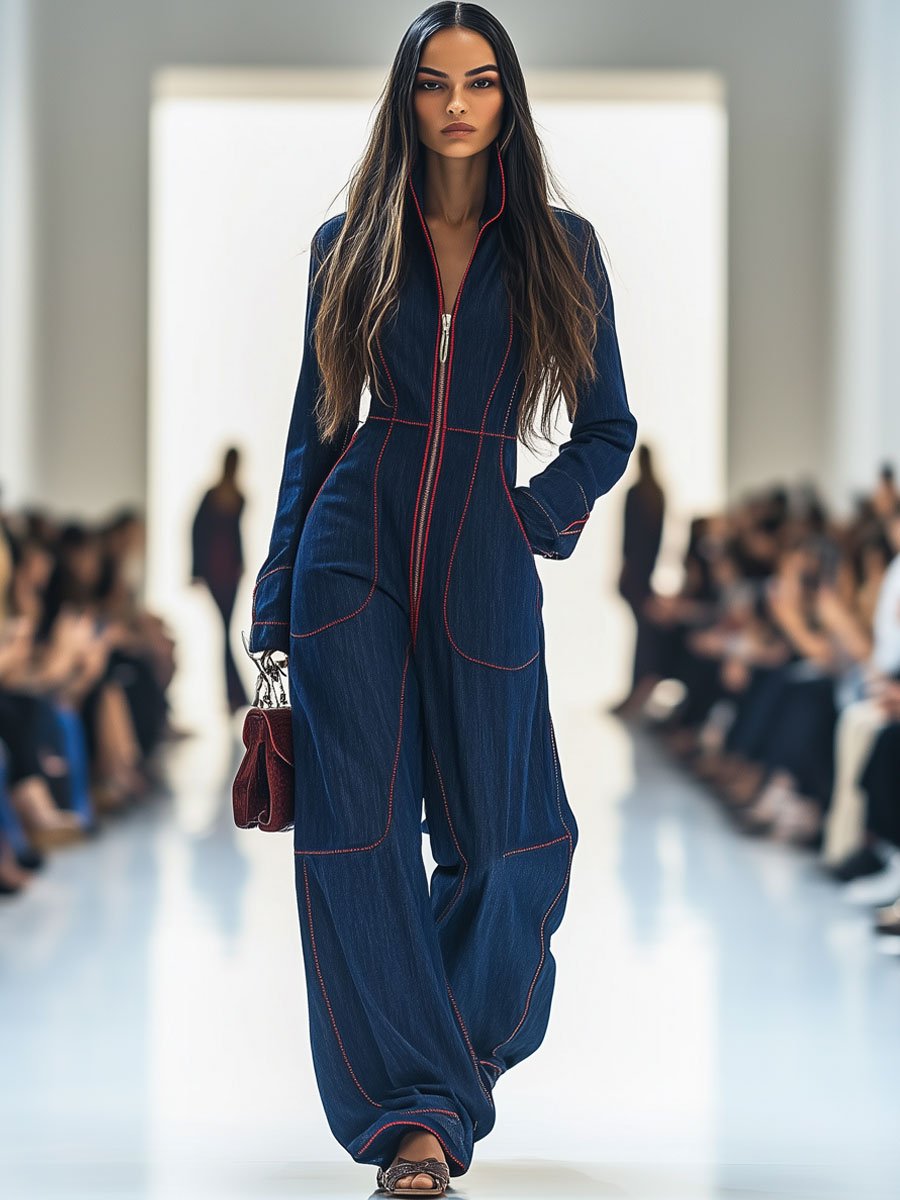 Mono de mezclilla retro suelto y casual para mujer, con solapa y costuras rojas, pierna ancha, manga y bolsillo – Azul