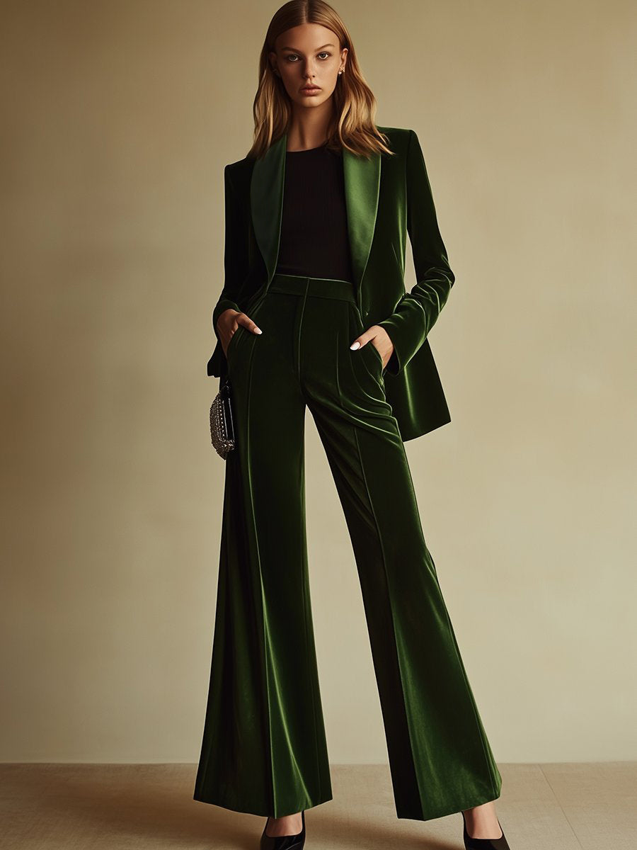 Traje de Dos Piezas de Terciopelo de Alta Gama para Mujeres con Blazer de Solapa Notch y Pantalones de Pierna Ancha Retro Elegante – Verde