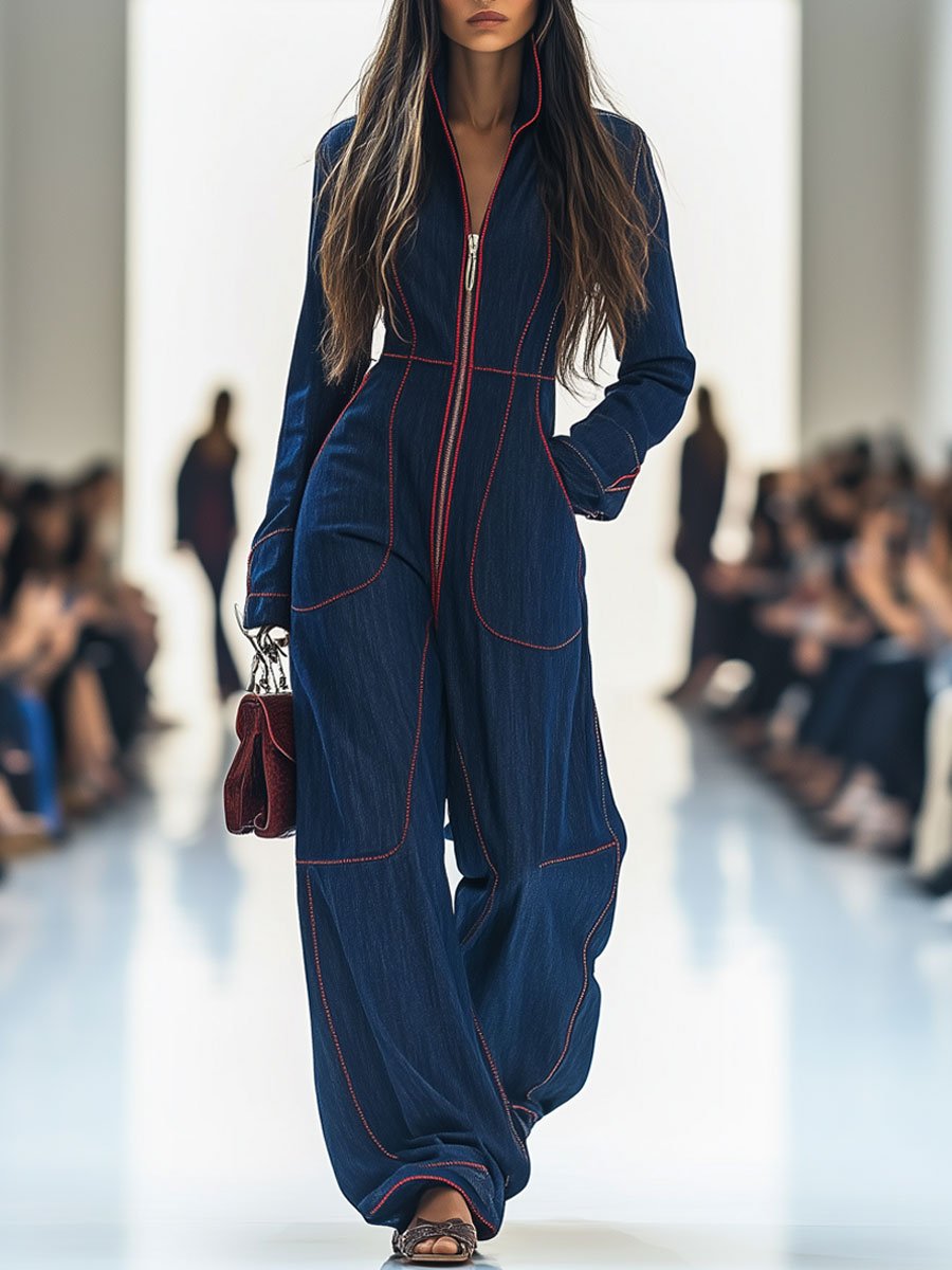 Mono de mezclilla retro suelto y casual para mujer, con solapa y costuras rojas, pierna ancha, manga y bolsillo – Azul