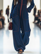 Mono de mezclilla retro suelto y casual para mujer, con solapa y costuras rojas, pierna ancha, manga y bolsillo – Azul