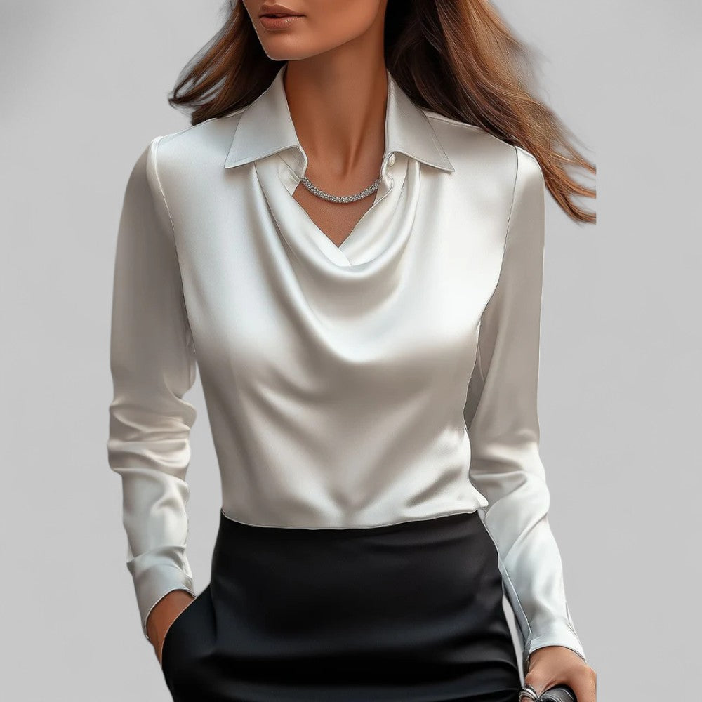 Blusa de Satén con Cuello Drapado y Manga Larga para Mujer Oficina Noche Elegante Seda Formal – Rosa