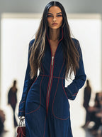 Mono de mezclilla retro suelto y casual para mujer, con solapa y costuras rojas, pierna ancha, manga y bolsillo – Azul