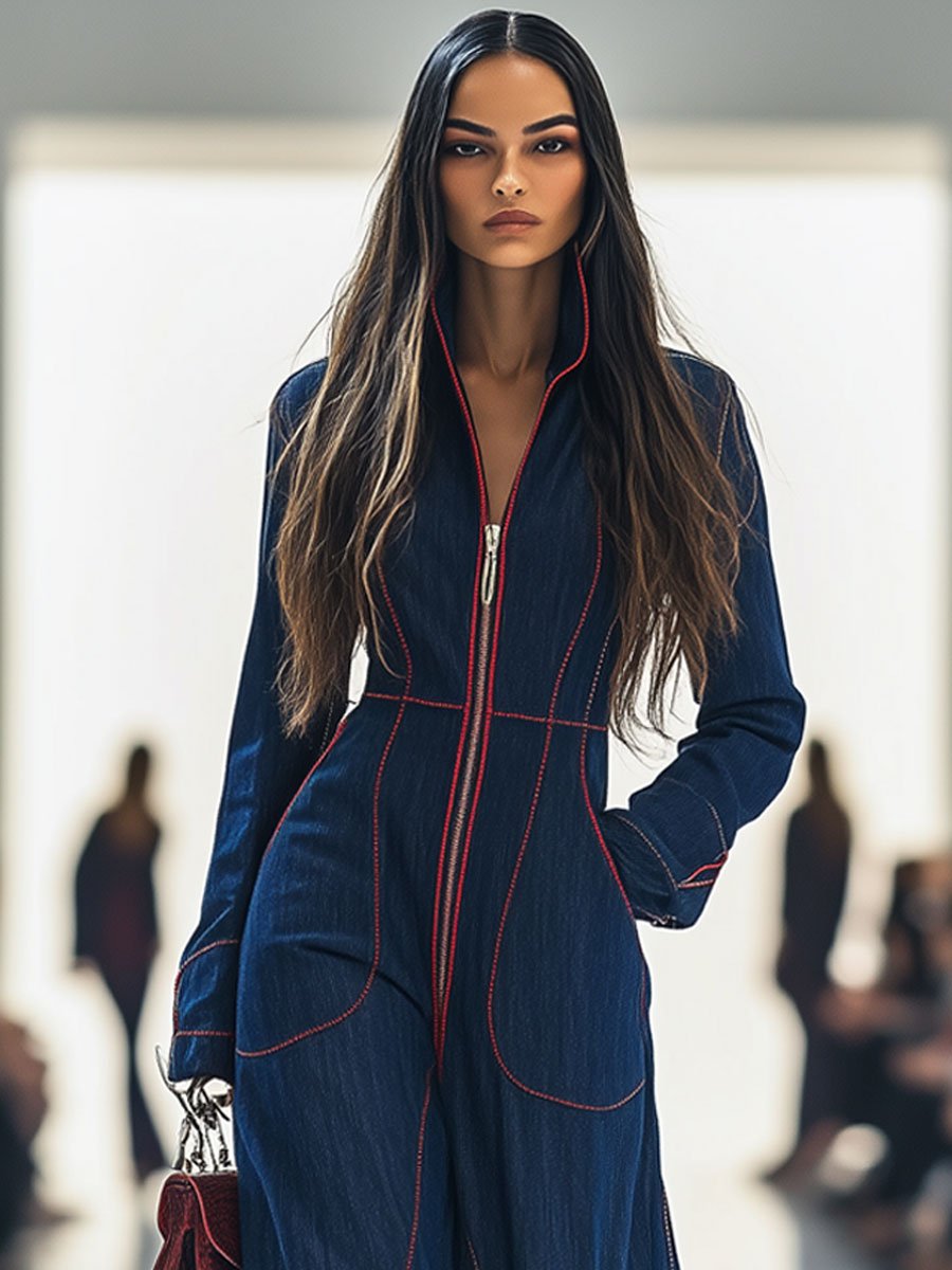 Mono de mezclilla retro suelto y casual para mujer, con solapa y costuras rojas, pierna ancha, manga y bolsillo – Azul