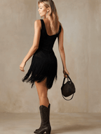 Vestido Mini Sin Mangas de Ante Sintético con Flecos y Borlas Retro Western para Mujer – Negro