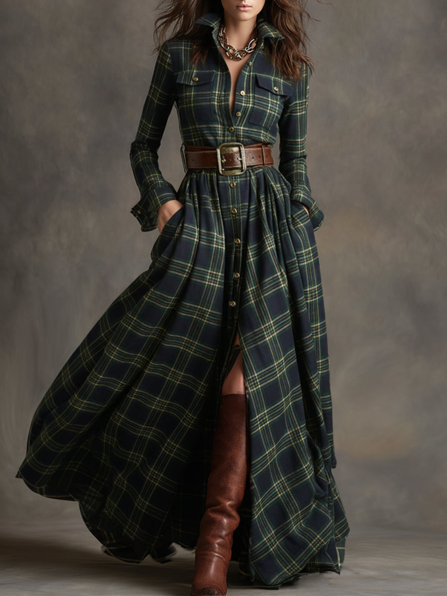 Vestido Largo de Vaquera Étnica Retro para Mujer con Cuello, Cinturón y Mangas Largas – Marrón Rojizo