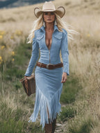 Vestido Midi de Suede Retro Western con Flecos y Borlas para Mujer, de Manga Larga, con Solapa, Cierre de Cremallera, Cinturón y Ajuste Slim – Marrón Claro