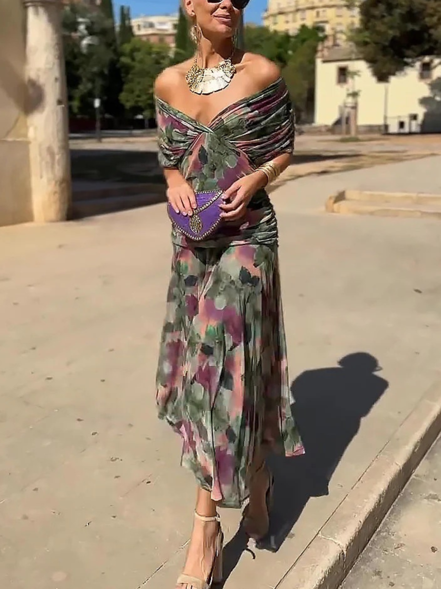 Vestido Largo Floral Fluido para Mujer Off-Shoulder V-Cuello Formal Elegante para Invitadas de Boda Casual – Lilly