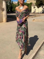 Vestido Largo Floral Fluido para Mujer Off-Shoulder V-Cuello Formal Elegante para Invitadas de Boda Casual – Lilly