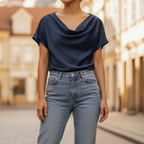 Blusa de Satén con Cuello de Cowl y Manga Corta para Mujer Elegante Casual de Trabajo Oficina Formal Noche Top Sedoso – Dorado Marino Negro
