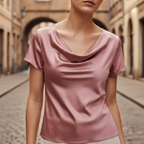 Blusa de Satén con Cuello de Cowl y Manga Corta para Mujer Elegante Casual de Trabajo Oficina Formal Noche Top Sedoso – Dorado Marino Negro