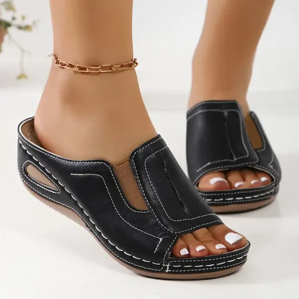 Sandalias de cuña para mujer, tipo slip-on, con soporte de arco, abiertas en la punta – Camilla