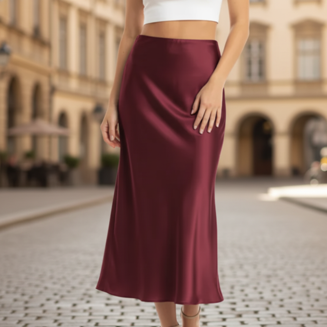 Falda de Satén para Mujer Elegante Casual Trabajo Oficina Noche Cóctel Formal Fluida – Oliva