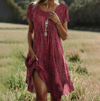 Vestido Midi Envolvente Boho Chic para Mujer con Estampado Floral, Escote en V, Manga Corta, Casual, Verano, Vacaciones, Playa – Joanne