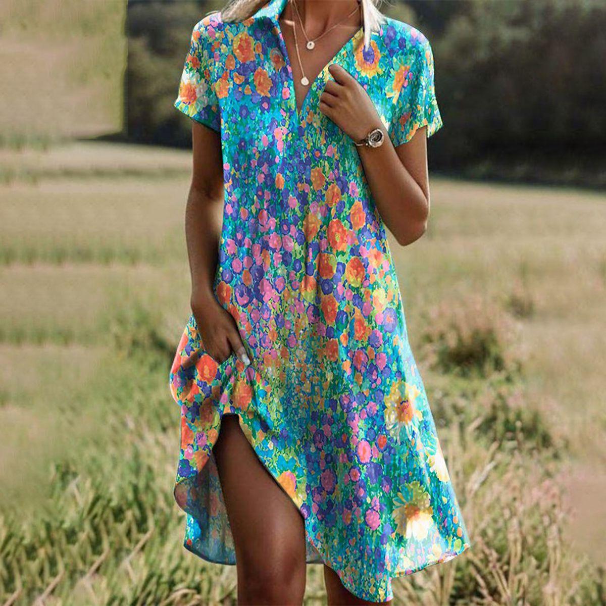 Vestido Midi Envolvente Boho Chic para Mujer con Estampado Floral, Escote en V, Manga Corta, Casual, Verano, Vacaciones, Playa – Joanne