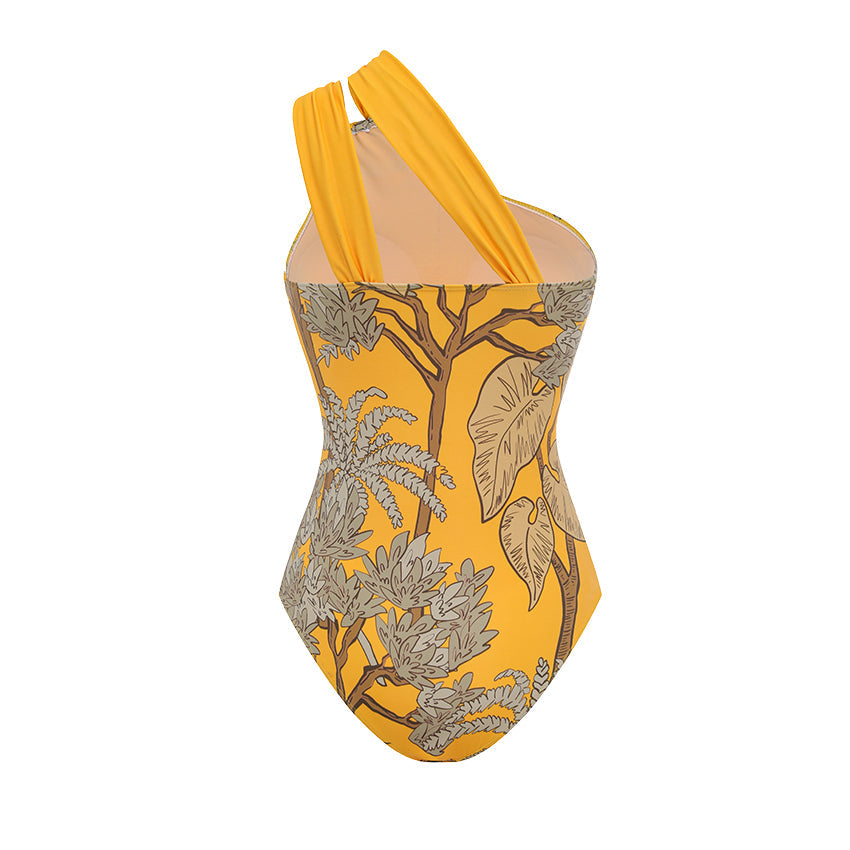 Conjunto de Traje de Baño de Una Sola Manga con Estampado Floral y Falda Larga para Vacaciones en la Playa, Fiesta en la Piscina, Resort Tropical Verano – Amarillo