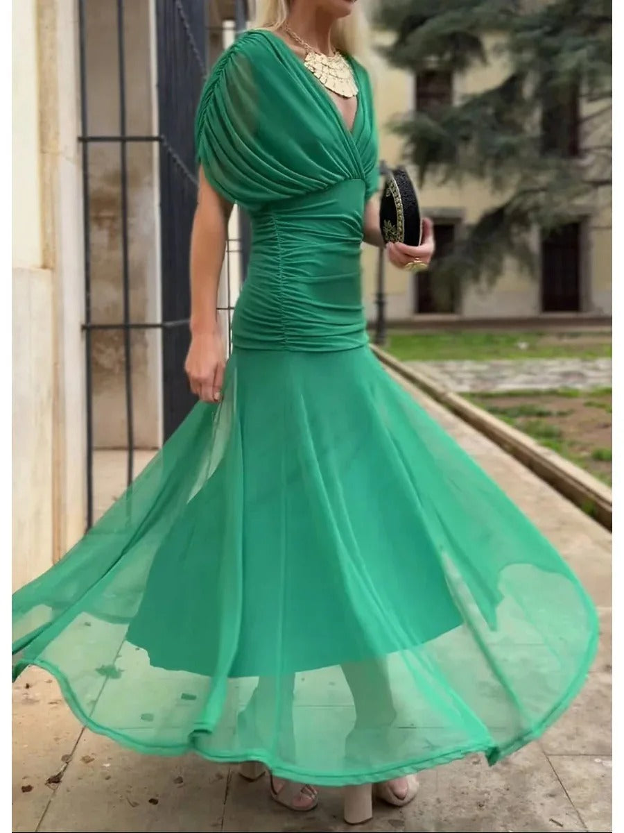 Vestido Largo Floral Fluido para Mujer Off-Shoulder V-Cuello Formal Elegante para Invitadas de Boda Casual – Lilly