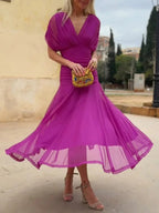 Vestido Largo Floral Fluido para Mujer Off-Shoulder V-Cuello Formal Elegante para Invitadas de Boda Casual – Lilly