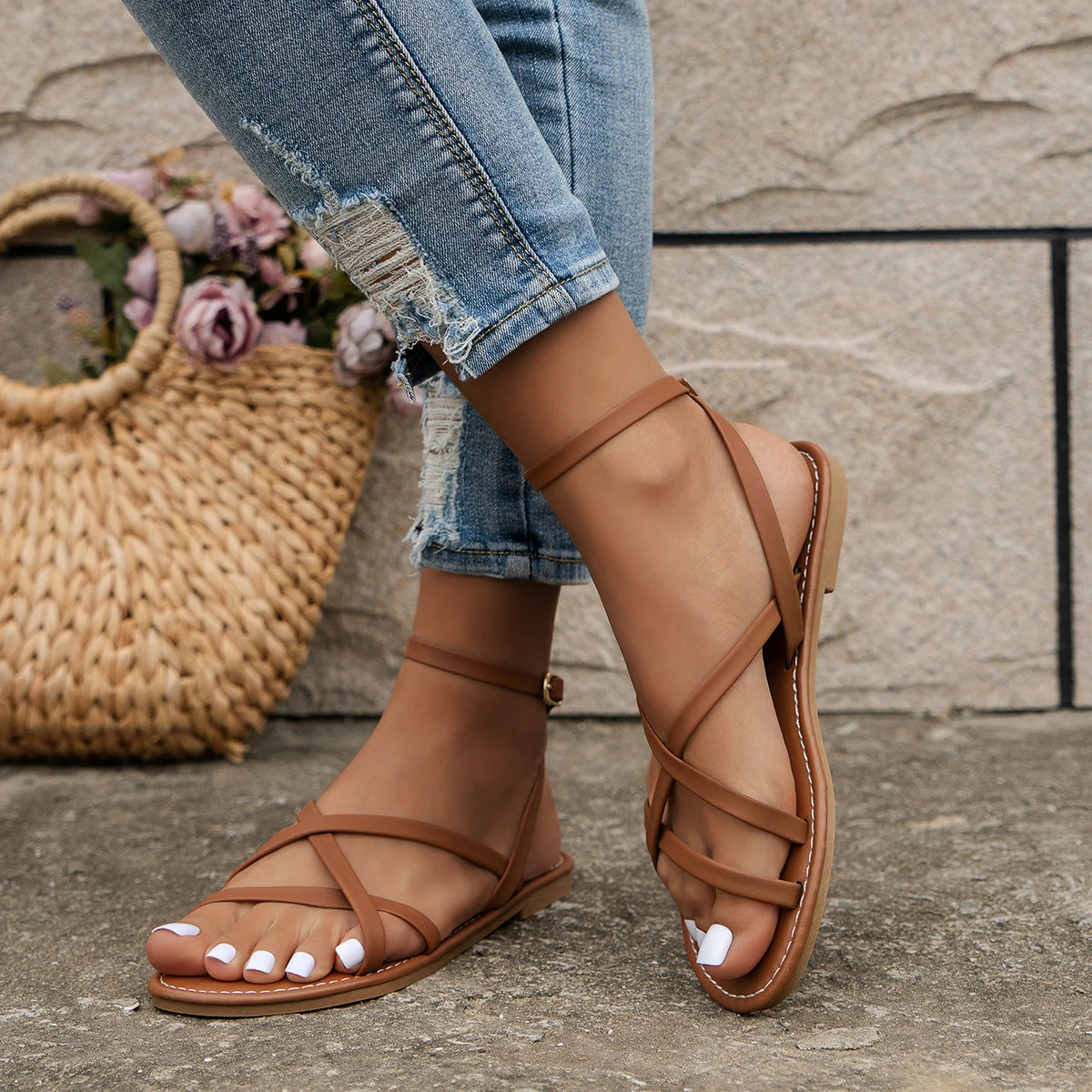 Sandalias Ortópedicas Planas de Mujer con Tiras Cruzadas Casual Verano Playa Cómodas para el Día a Día – Michelle