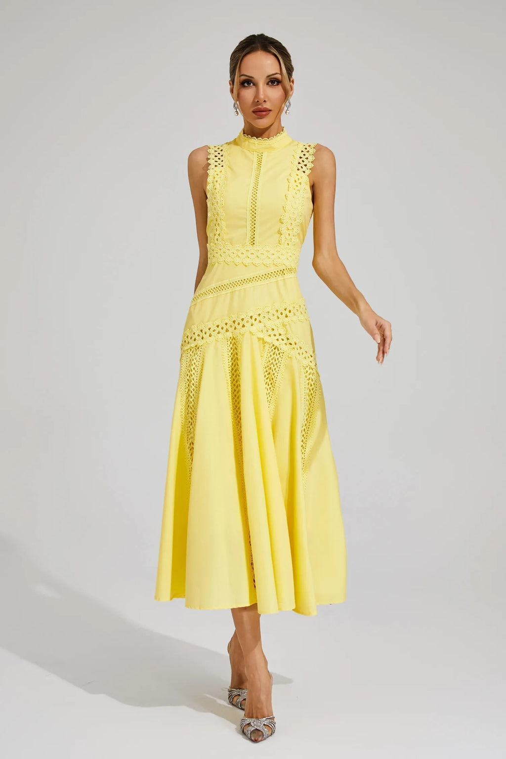 Vestido Midi de Encaje Sin Mangas para Mujeres, Invitada de Boda, Verano, Formal, Elegante, Estructurado, Diurno – Olivia