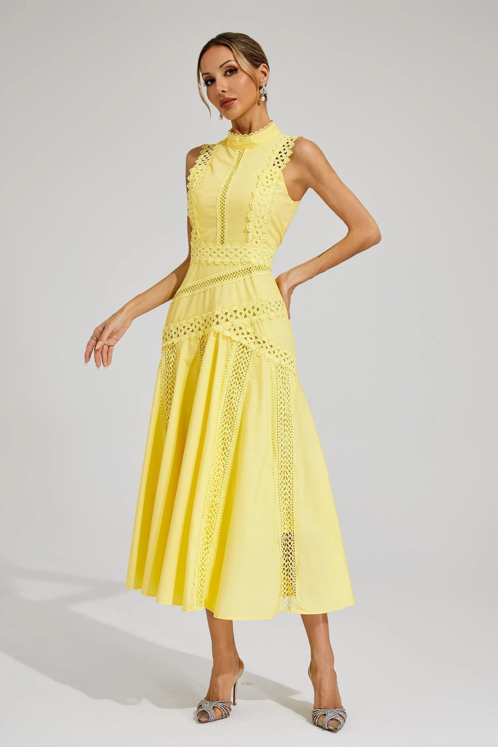 Vestido Midi de Encaje Sin Mangas para Mujeres, Invitada de Boda, Verano, Formal, Elegante, Estructurado, Diurno – Olivia